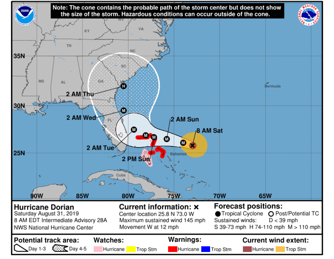 Saturday Morning update Hurricane Dorian August 31, 2019