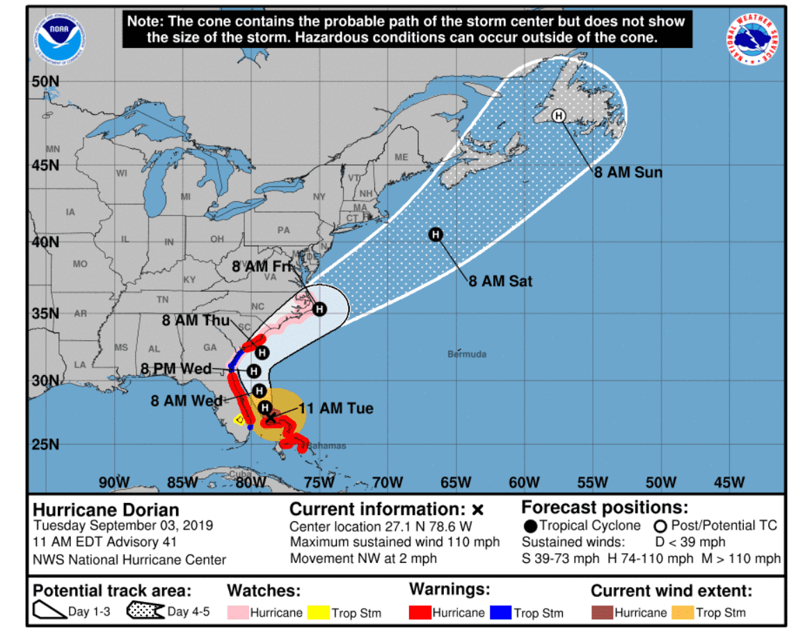 Hurricane Dorian Update Tuesday September 3rd 8:00 AM