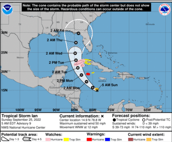 Tropical Storm Ian September 25th 9:00 AM Update