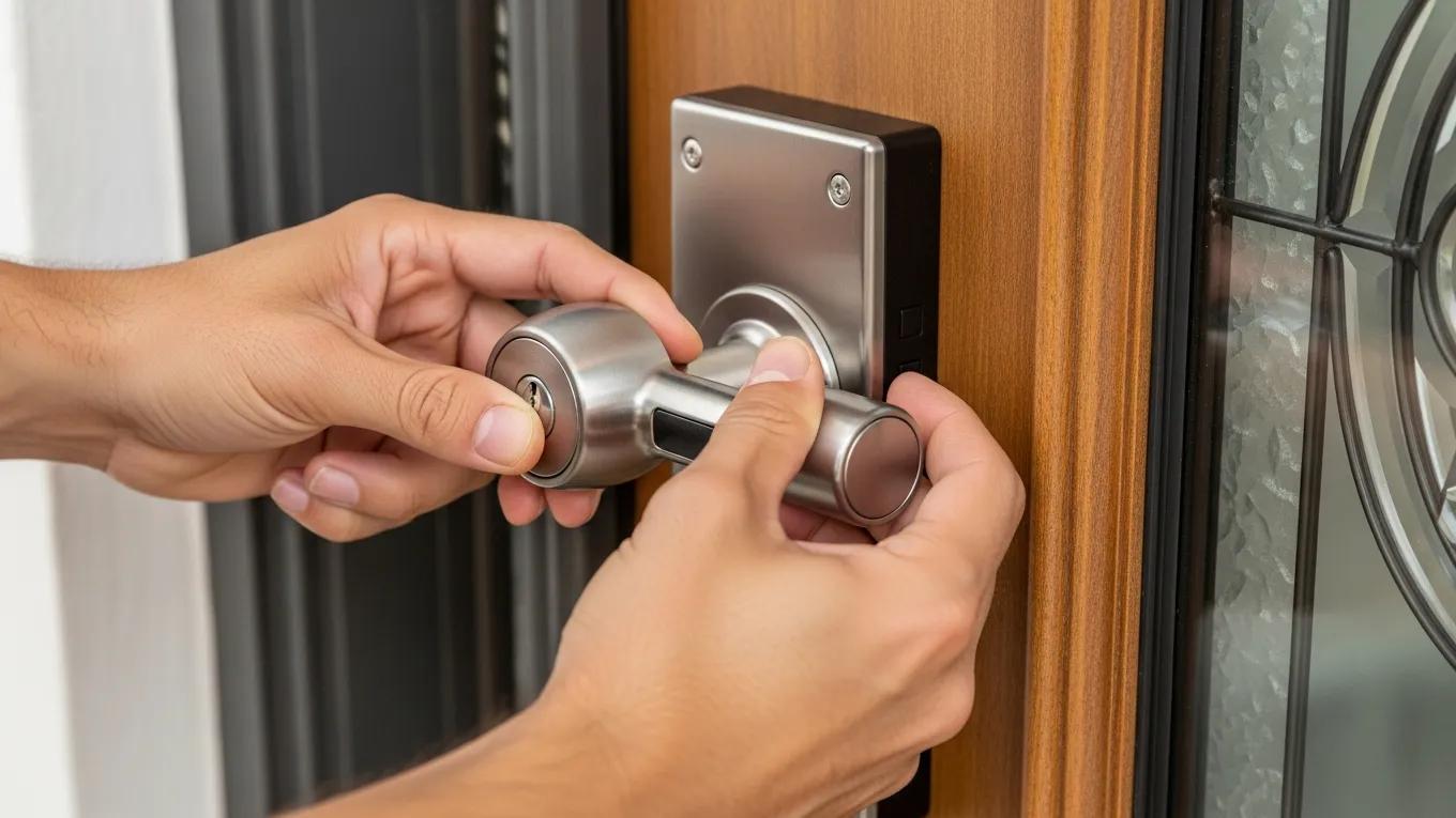 Exterior home inspection checking security features and roof condition