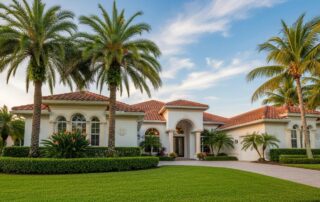 Exterior shot of an upscale single-family home in Palm Beach Gardens during "golden hour" (the hour after sunrise or before sunset — warm, soft lighting).Composition:  Camera angle: slightly low, looking up at the home for a sense of grandeur, or straight-on three-quarter view (showing front + one side) Foreground: manicured lawn, possibly a paver driveway Mid-ground: the home itself Background: blue Florida sky with light cloud detail Architectural style: Mediterranean revival or Florida coastal — terracotta tile roof, stucco exterior in warm white/cream/light peach tones, arched windows, columns or a portico entrance.Surrounding details: Mature palm trees (royal palms or coconut palms) framing the home, tropical landscaping with bird-of-paradise or hibiscus, clean and freshly trimmed hedges.Mood: Calm, prosperous, secure, "this home is well cared for."Avoid: Generic suburban tract homes, snow/cold-weather settings, cluttered driveways, cars in the shot.